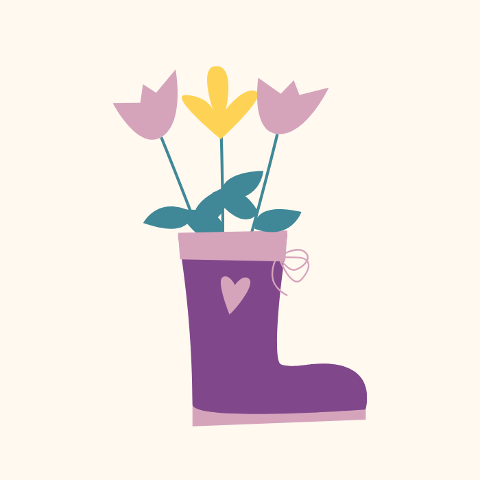 Lilafarbener Gummistiefel mit Herz, aus dem Blumen wachsen