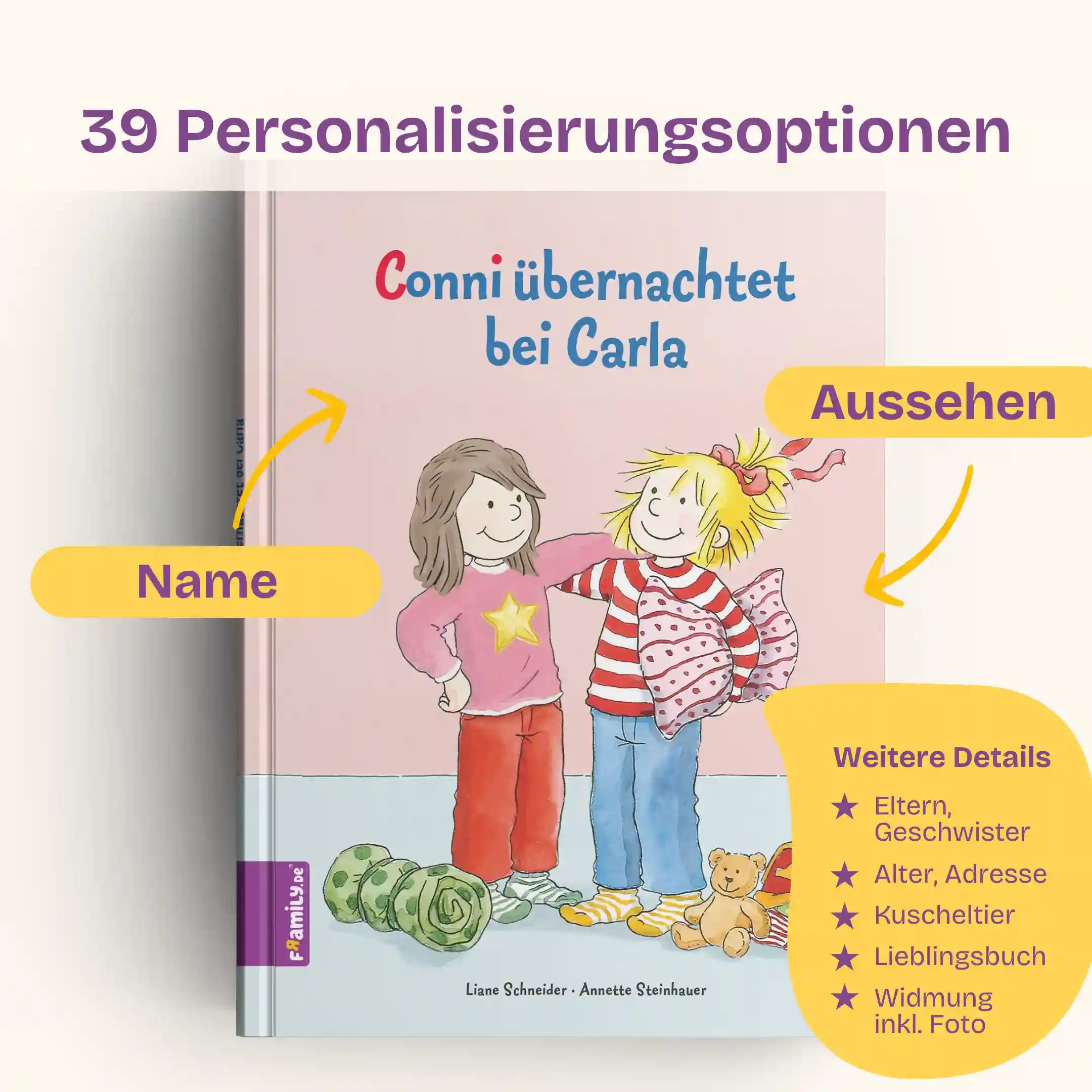 39 Personalisierungsoptionen: Name und Aussehen des Kindes, Eltern, Geschwister (optional), Alter, Adresse, Kuscheltier, Lieblingsbuch, Widmung inklusive Foto