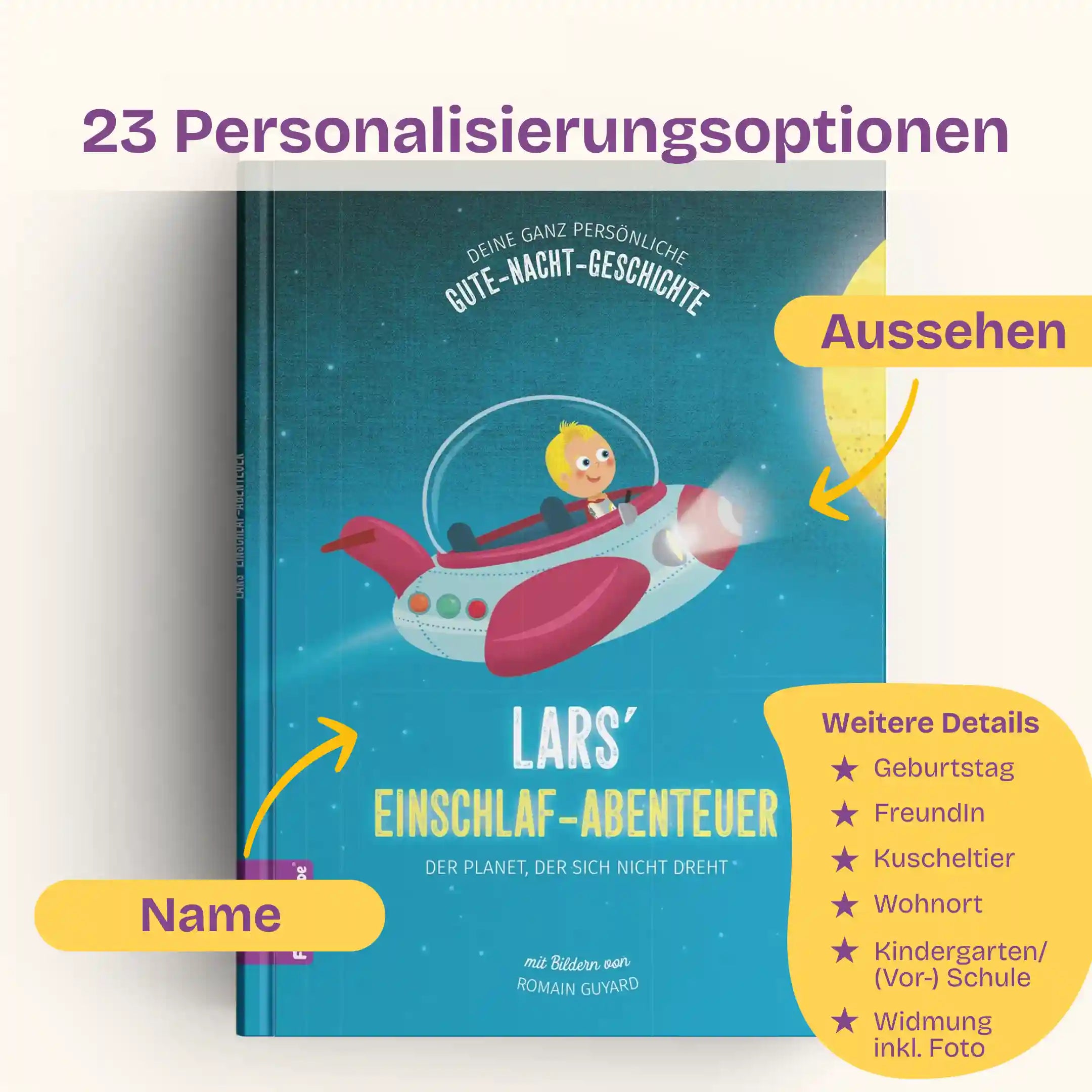 23 Personalisierungsoptionen: Name und Aussehen, Geburtstag, FreundIn, Kuscheltier, Wohnort, Kindergarten/Vorschule/Schule, Widmung inklusive Foto