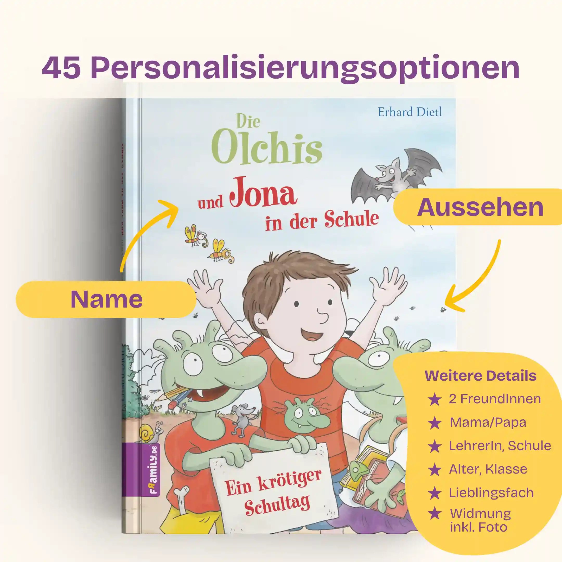 45 Personalisierungsoptionen: Name und Aussehen des Kindes, 2 FreundInnen, Mama/Papa, LehrerIn, Schule, Alter, Klasse, Lieblingsfach, Widmung inklusive Foto