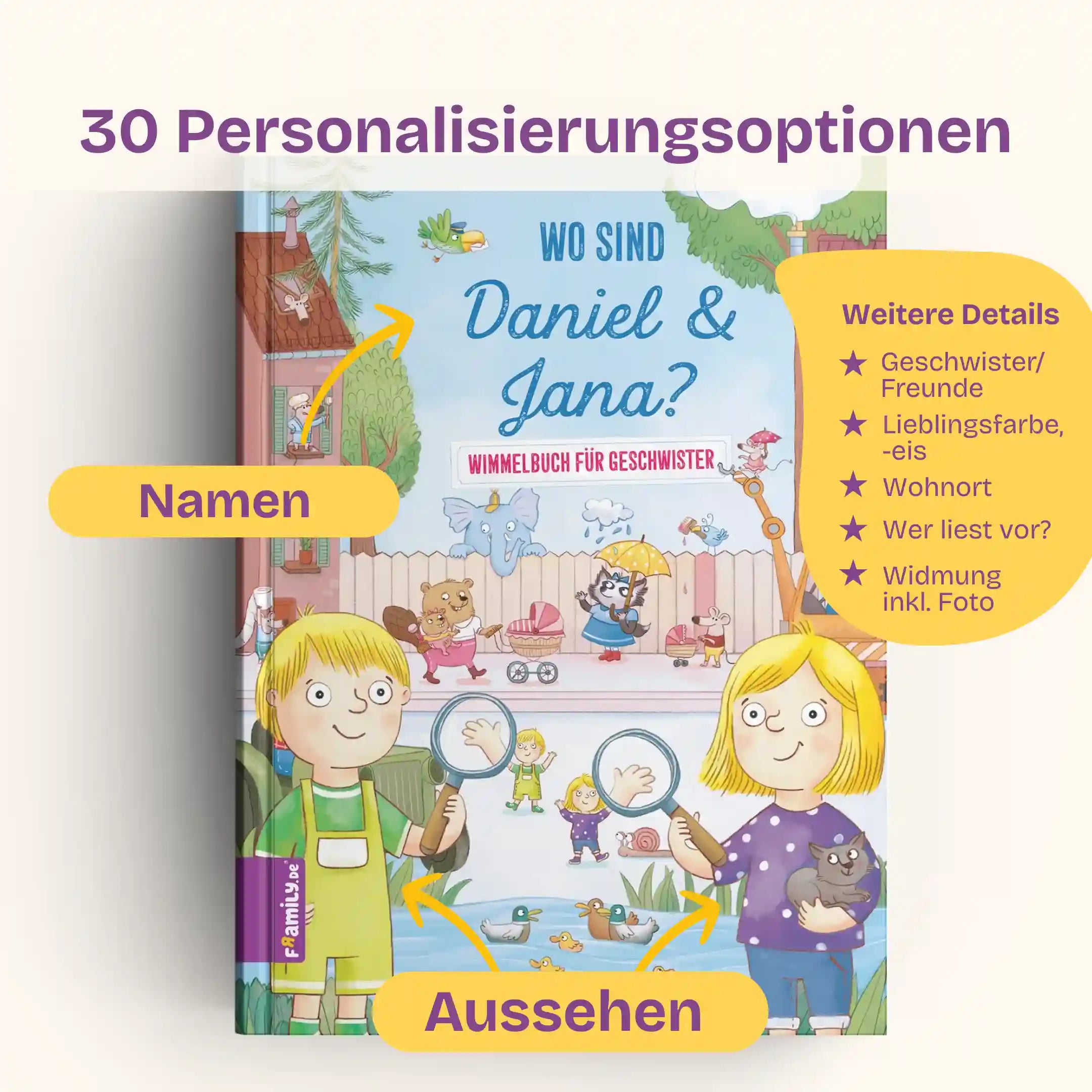30 Personalisierungsoptionen: Name und Aussehen beider Kinder, Beziehung der Kinder (Geschwister/Freunde), Lieblingseis, -farbe, Wohnort, Wer liest vor?, Widmung inklusive Foto