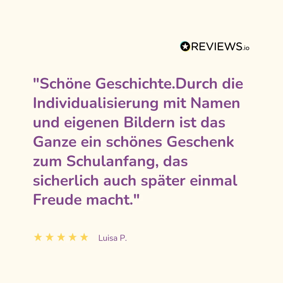 Produktbewertung: "Schöne Geschichte. Durch die Individualisierung mit Namen und eigenen Bildern ist das Ganze ein schönes Geschenk zum Schulanfang, das sicherlich auch später einmal Freude macht."