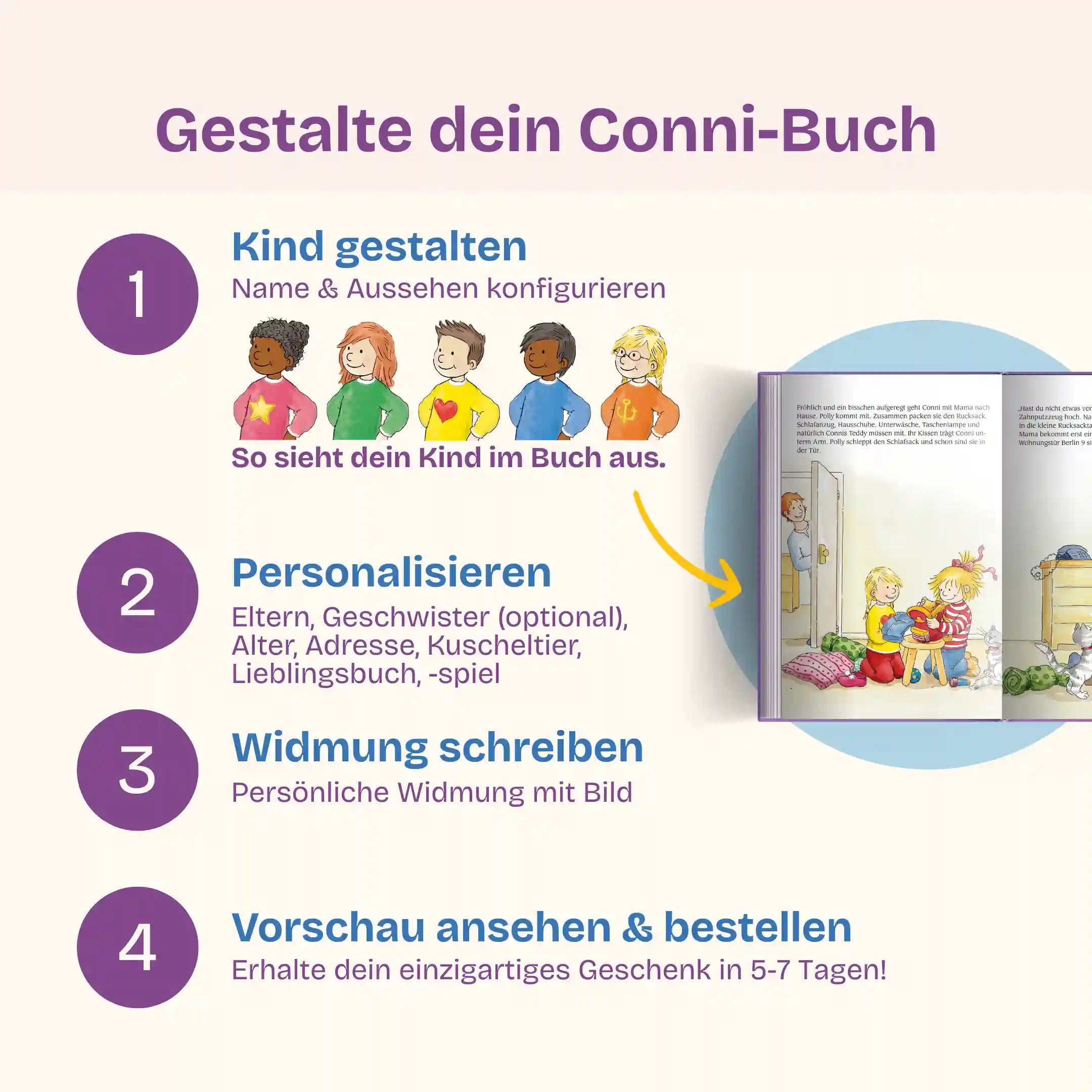 In 4 Schritten zu deinem Conni-Buch: Kind gestalten - Personalisieren (Eltern, Geschwister (optional), Alter, Adresse, Kuscheltier, Lieblingsbuch, -spiel) - Widmung schreiben mit Bild - Vorschau prüfen & bestellen und dein einzigartiges Geschenk in 5-7 Tagen erhalten