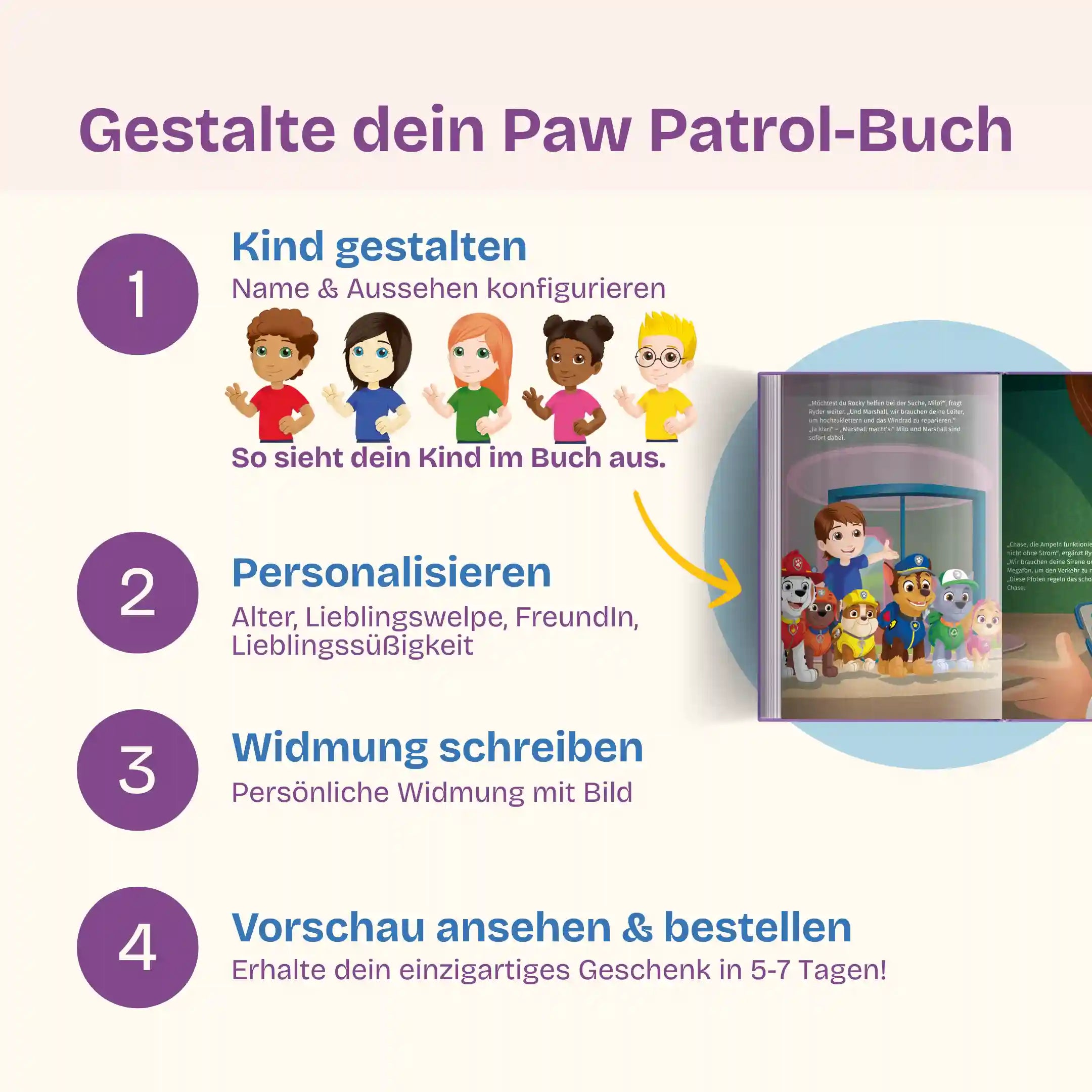 In 4 Schritten zu deinem Paw Patrol-Buch: Kind gestalten - Personalisieren (Alter, Lieblingswelpe, FreundIn, Lieblingssüßigkeit) - Widmung schreiben mit Bild - Vorschau prüfen & bestellen und dein einzigartiges Geschenk in 5-7 Tagen erhalten