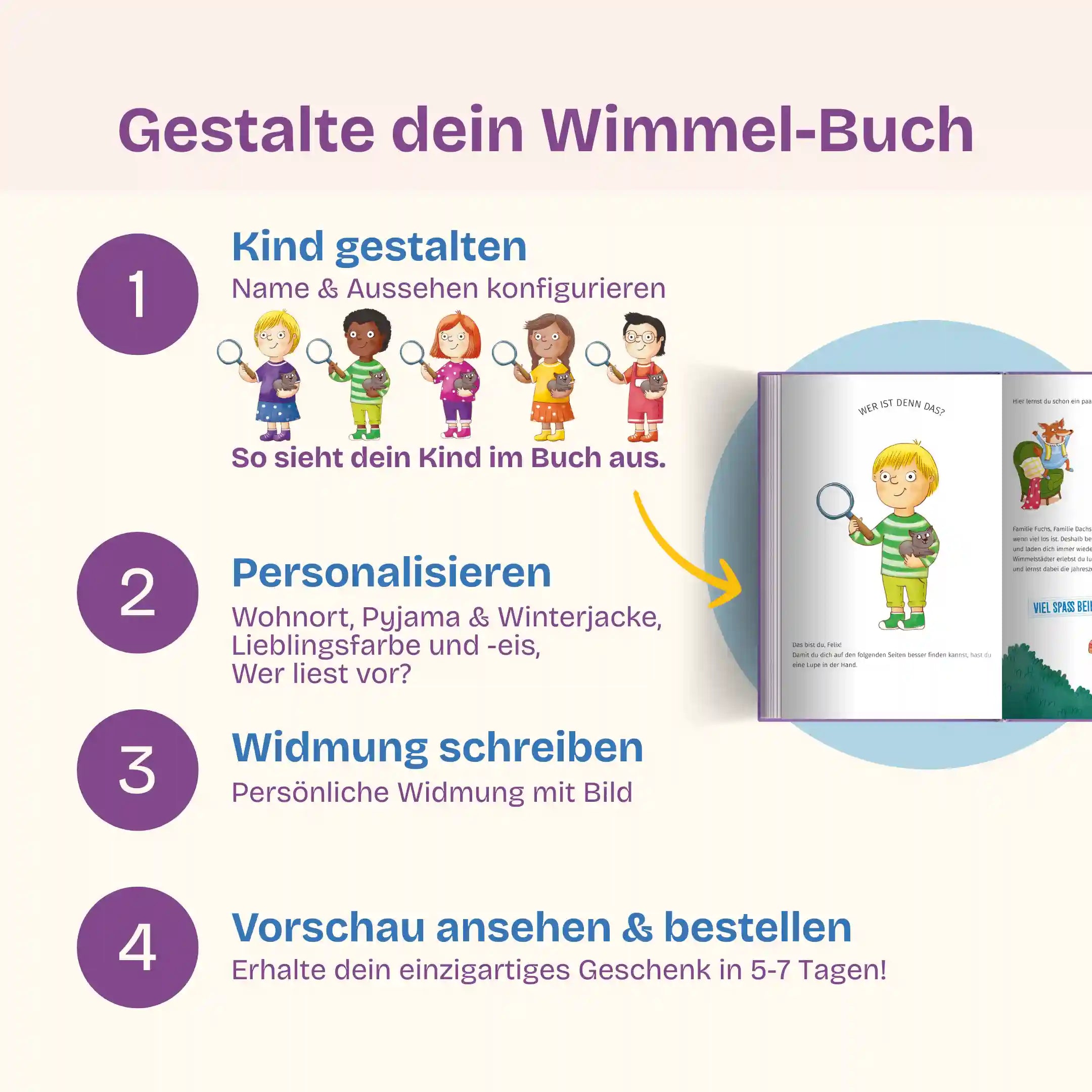 In 4 Schritten zu deinem Wimmel-Buch: Kind gestalten - Personalisieren (Wohnort, Lieblingsfarbe, -eis, Wer liest vor?, Pyjama, Winterjacke) - Widmung schreiben mit Bild - Vorschau prüfen & bestellen und dein einzigartiges Geschenk in 5-7 Tagen erhalten