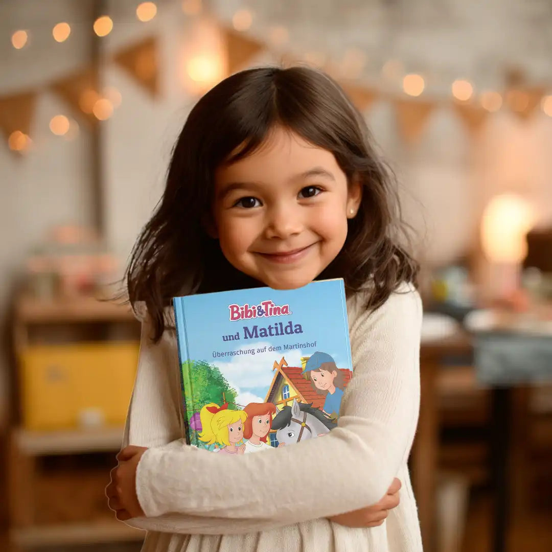 Braunhaariges Mädchen hält freudig strahlend das personalisierte Buch "Bibi & Tina und Matilda - Überraschung auf dem Martinshof" im Arm