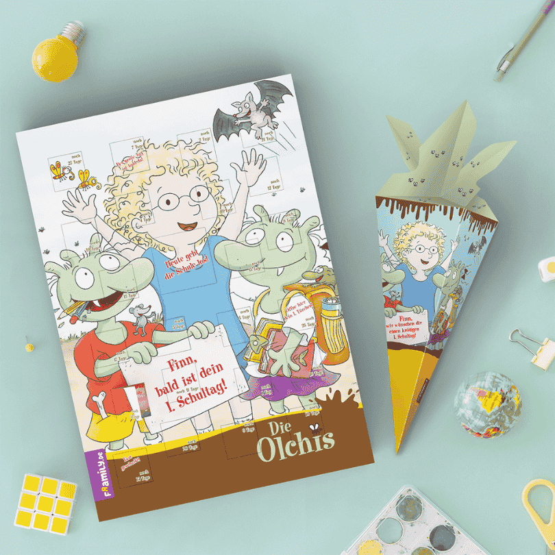 Schulstartkalender und Schultüte von den Olchis